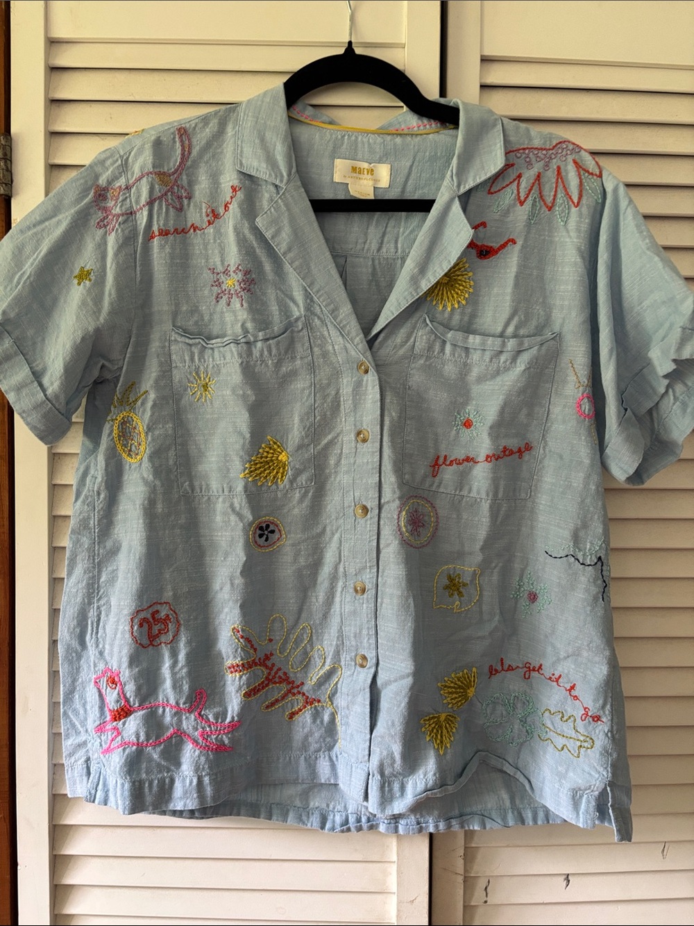 Anthropologie Maeve Light Blue Top with Pink and Yellow Trim
